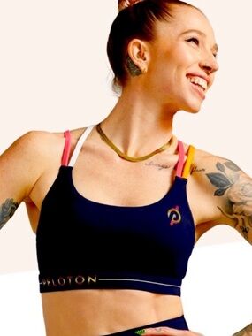 PELOTON Cadent Navy Sports Bra with Multicolor Strappy Accents Size Small NWOT!